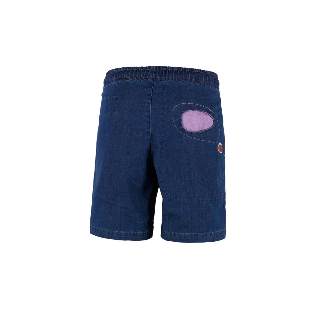 Onda Short Denim, outdoor climbing shorts with contrast details, embroidery, adjustable belt, and slim fit, made in Italy.