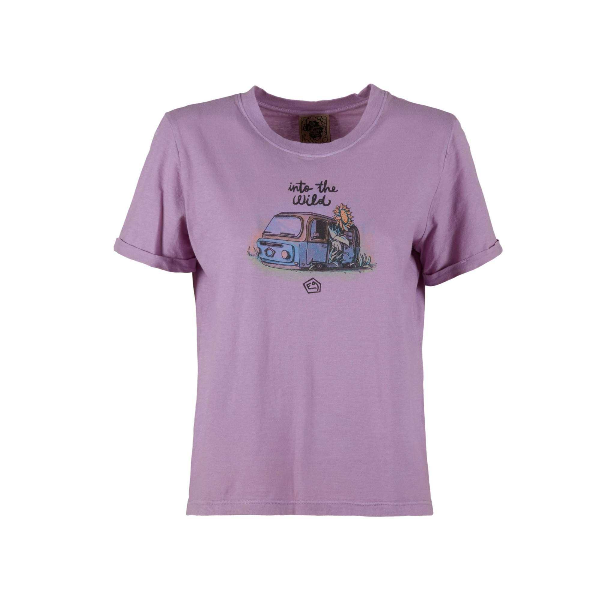 Purple T-shirt with "Into the Wild" print, rolled sleeves, 100% organic cotton, made in Italy.