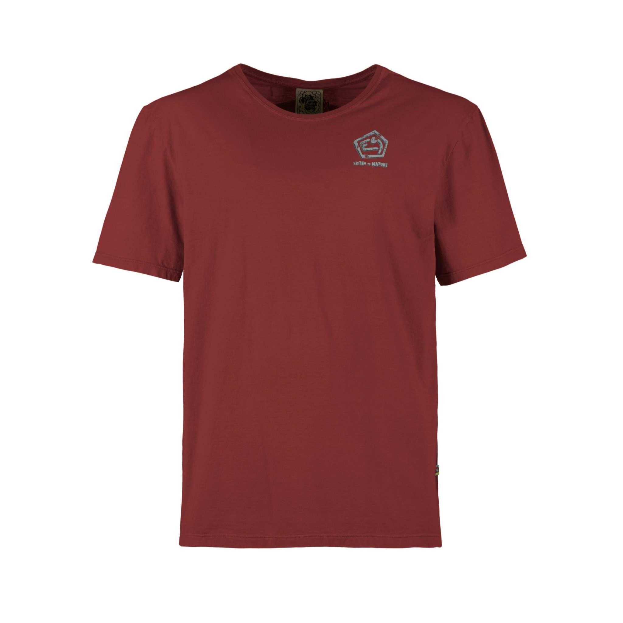 Red 'Sapiens' t-shirt made from organic cotton, featuring original front and back prints, designed for outdoor and climbing activities.
