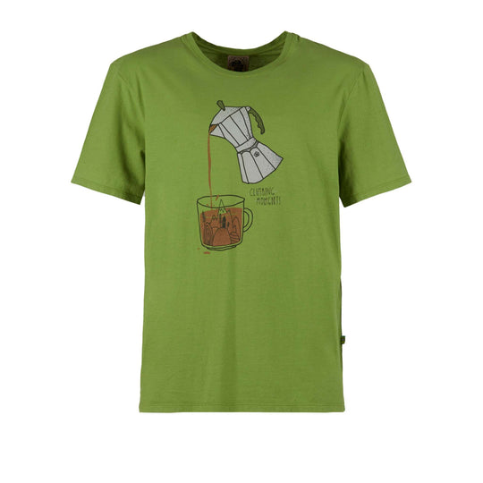 Green t-shirt with coffee pot and cup design, made of lightweight organic cotton.