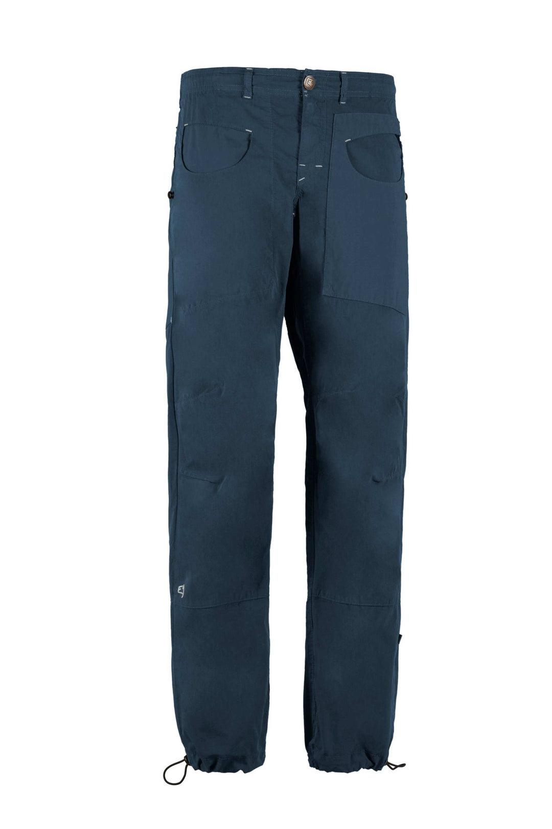 Blat1-TT technical climbing pants in navy poplin with adjustable elastic waistband and logo embroidery, designed for comfort and mobility.