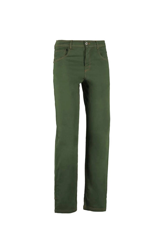 Pantaloni a 5 tasche in cotone biologico con ricamo sulla tasca posteriore e etichetta Jacron, vestibilità regolare e comfort per attività all'aperto.