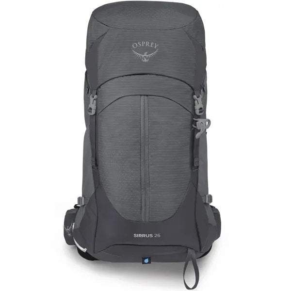 Sirrus 26 backpack for women, gray, sustainable design with AirSpeed suspension, rain cover, and multiple pockets for trails.