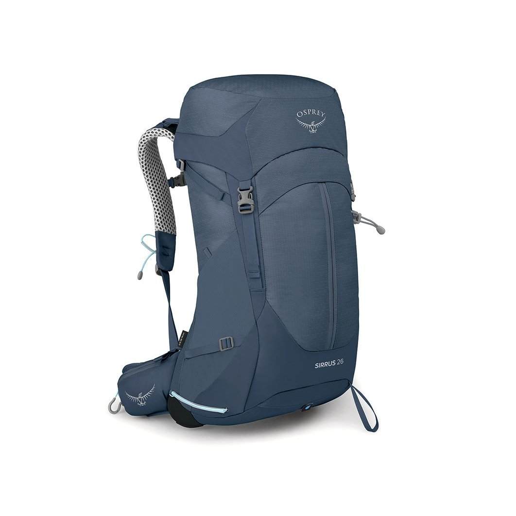 Sirrus 26 women's hiking backpack in blue with rain cover, ventilated suspension, and sustainable materials.