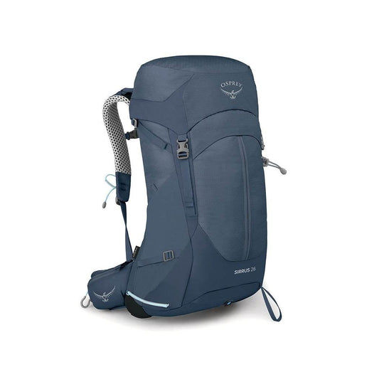 Sirrus 26 women's hiking backpack in blue with rain cover, ventilated suspension, and sustainable materials.