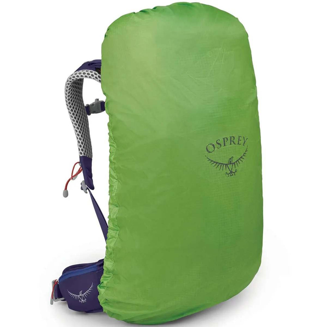 Women's Sirrus 26 backpack in green with rain cover, featuring AirSpeed suspension for comfort and ventilation.