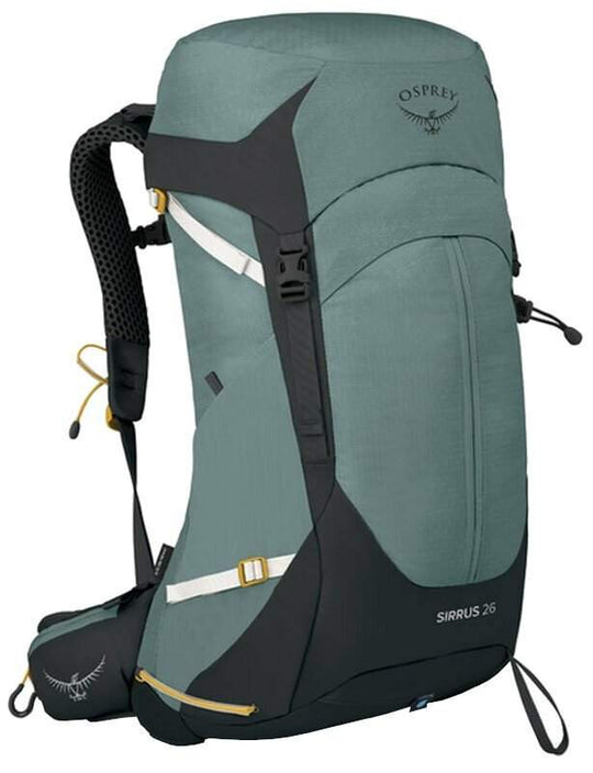 Sirrus 26 women's backpack in green with black accents, featuring a top-loading design, integrated rain cover, and multiple zippered compartments.