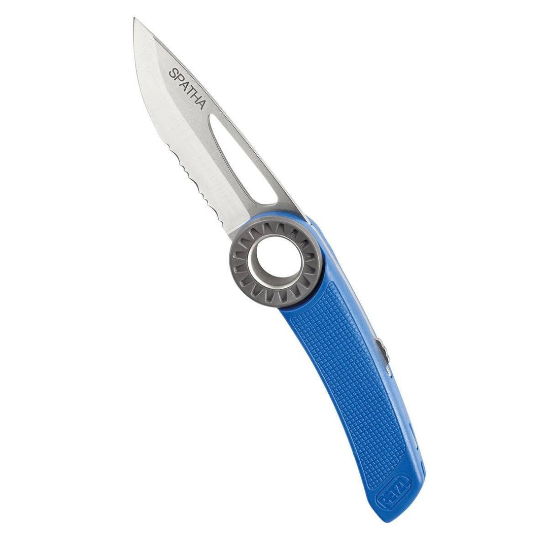 Blue Spatha carabiner knife with serrated blade.