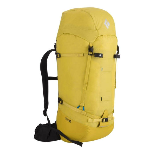 Yellow Black Diamond Speed 40 backpack for mountain adventures, featuring detachable straps, and ice tool attachments.
