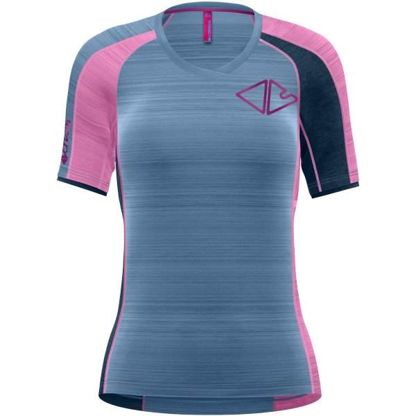 T-Shirt Ionic da trekking donna con scollo a V, microfibra J2, inserti in poliestere, colori vivaci.