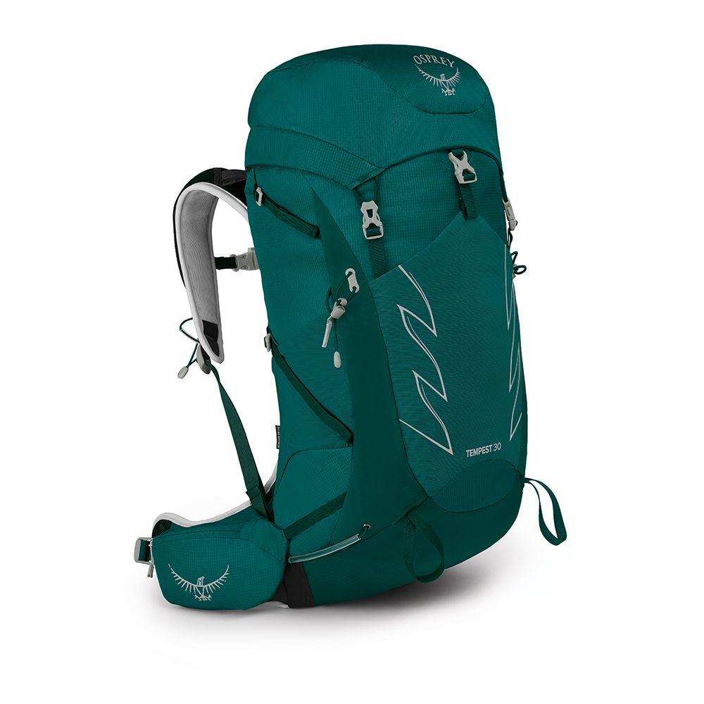 Women's Tempest 30 backpack, teal color, front view with multiple pockets and straps.