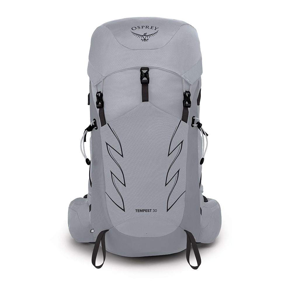 Light grey Osprey Tempest 30 women's backpack with multiple compartments and adjustable straps.