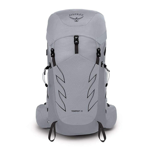Light grey Osprey Tempest 30 women's backpack with multiple compartments and adjustable straps.