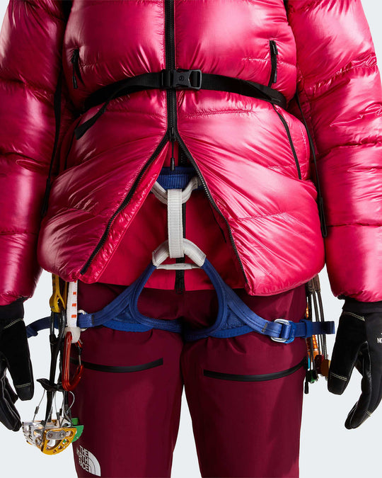 The North Face W Summit Pumori Down Parka - Lali Guran - two-way front zipper and climbing harness detail