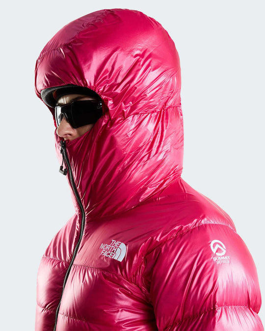 The North Face W Summit Pumori Down Parka - Lali Guran - hood-up close-up on model