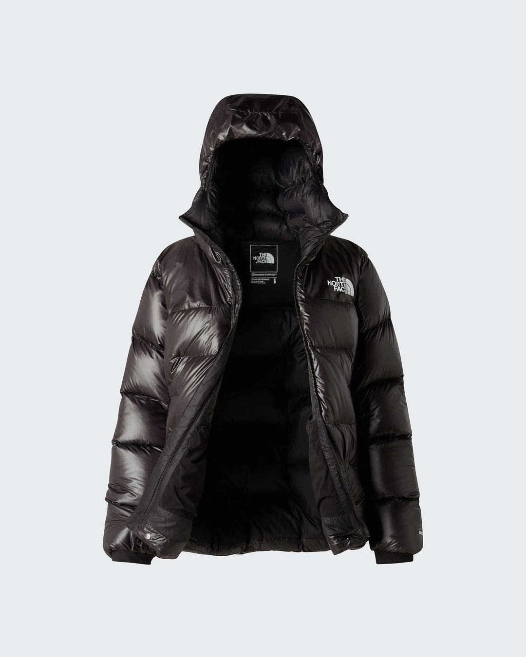 The North Face W Summit Pumori Down Parka - TNF Black - open front and lining product packshot