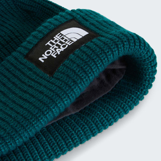 Berretto Salty Lined Beanie in maglia acrilica verde petrolio, con trama a coste, risvolto e patch nera con logo.
