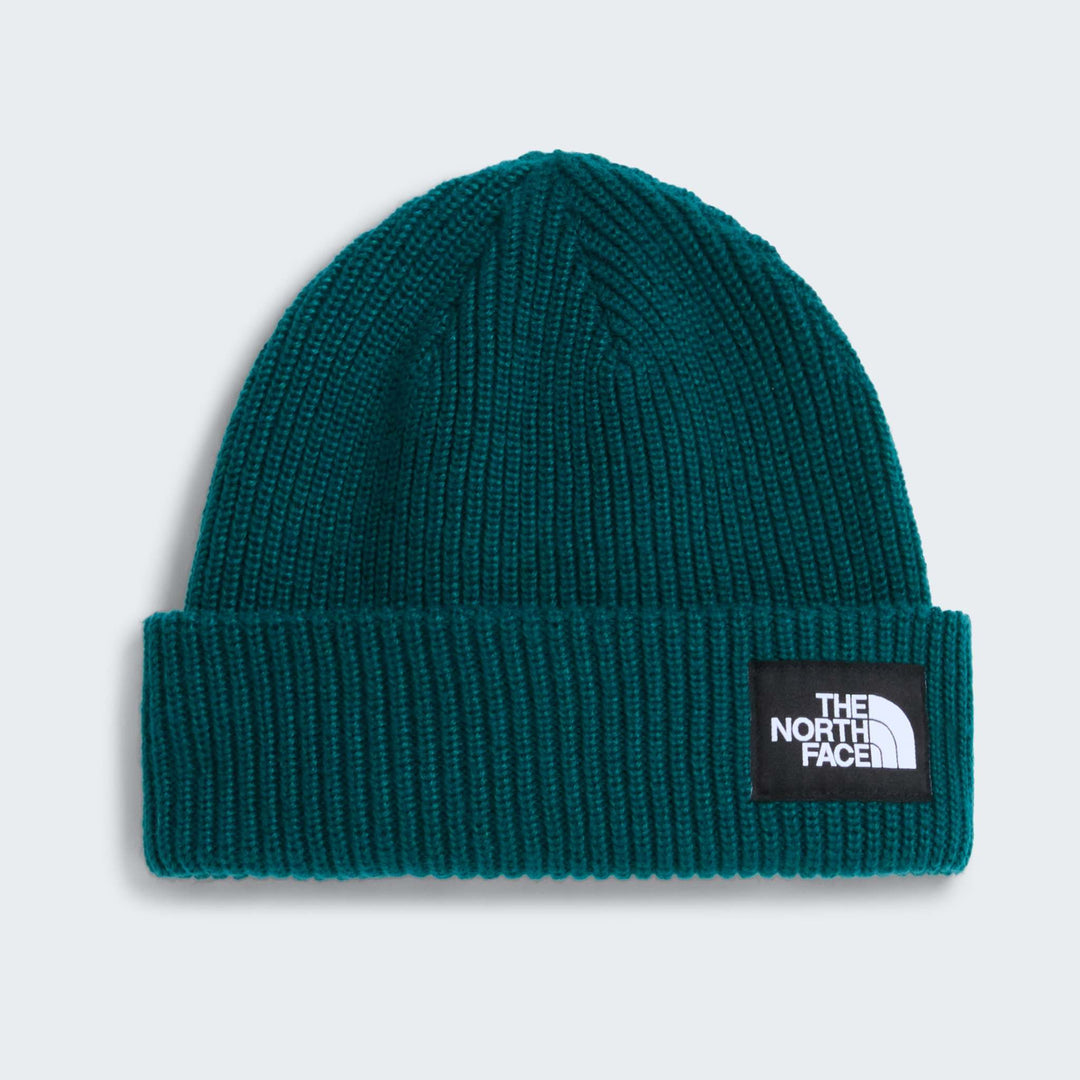 Berretto Salty Lined Beanie verde petrolio in maglia a coste, con risvolto e patch nera The North Face.