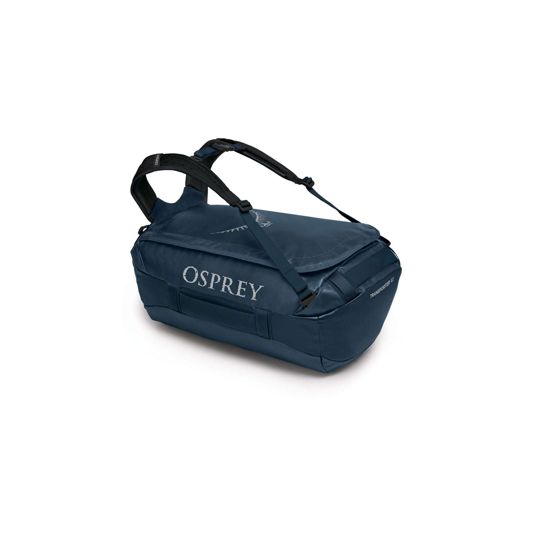 Blue Transporter 40 duffel bag with weather-resistant fabric and multiple handles.