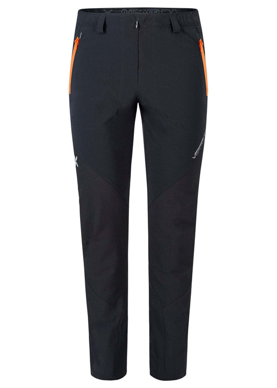 Black Vertigo Light 2 outdoor pants with orange zip pockets, durable 4-way stretch fabric.