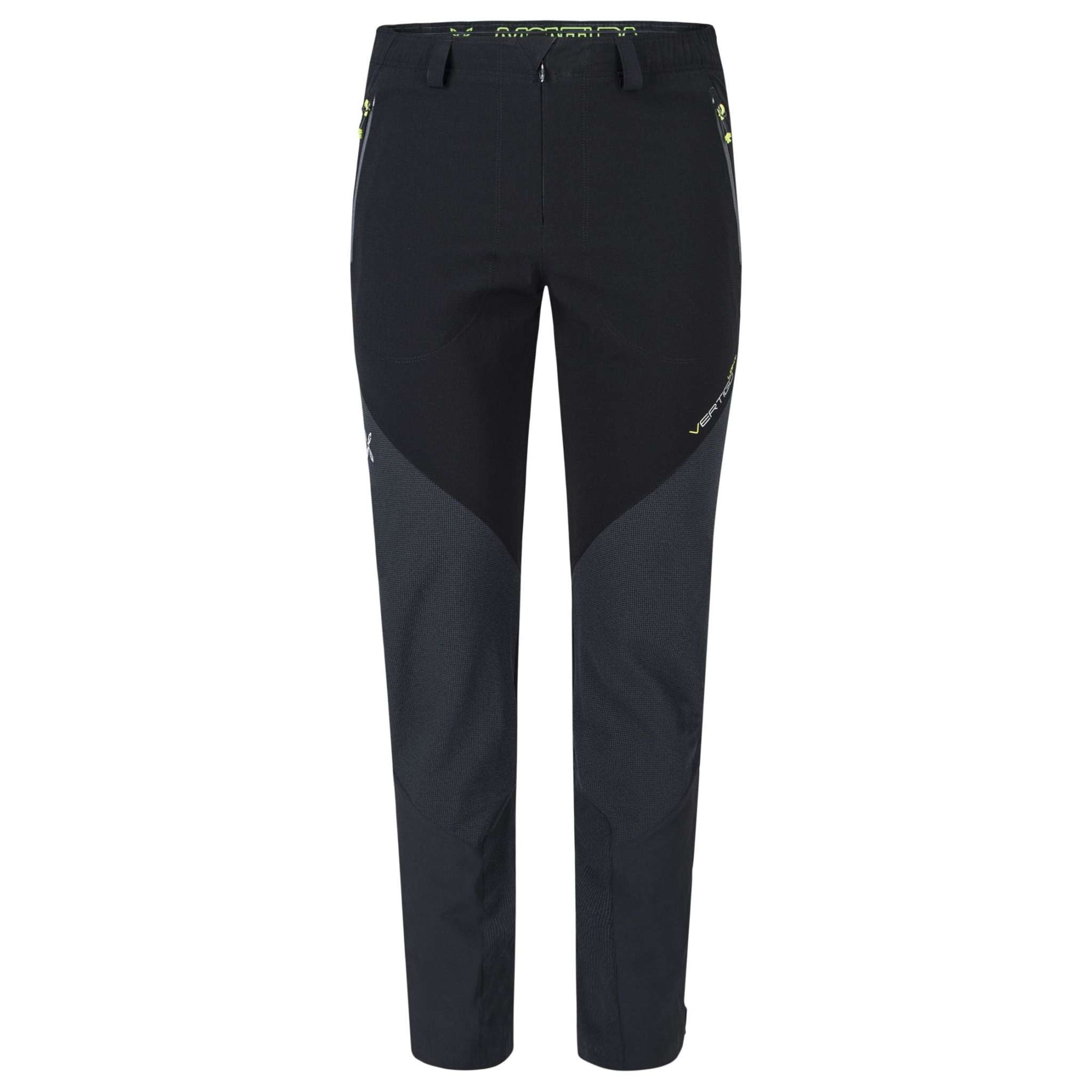 Men's Vertigo Light 2 Pants, black outdoor nylon 4-way stretch with reinforced knees and zippers, ideal for alpine activities.