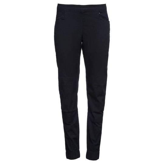Black Diamond Notion SP Pants, relaxed fit, black cotton, elastic waistband and cuffs, ideal for gym and outdoor bouldering.
