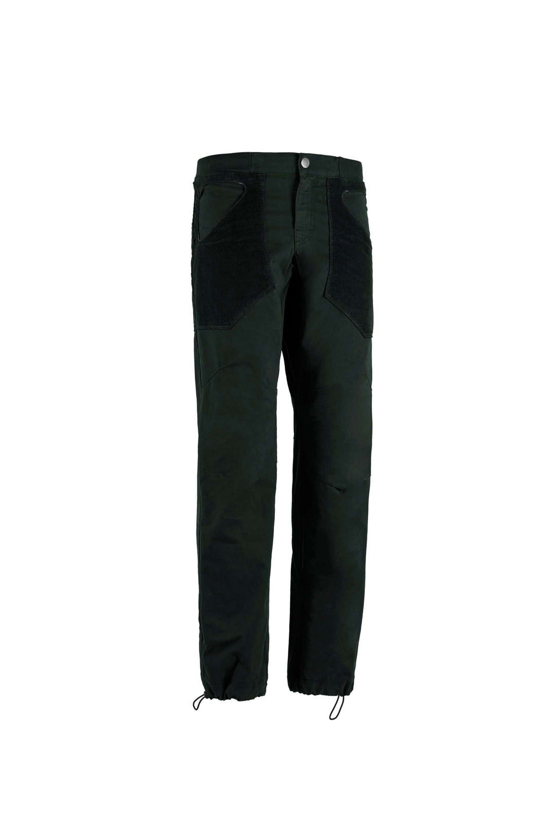 Pantaloni da outdoor verde scuro in cotone, con tasche frontali a contrasto e fondo gamba regolabile con cordini.