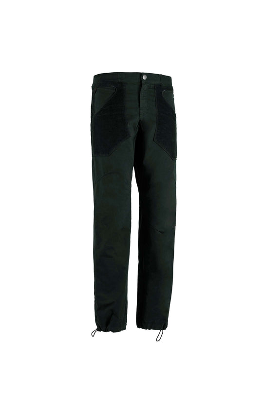 Pantaloni da outdoor verde scuro in cotone, con tasche frontali a contrasto e fondo gamba regolabile con cordini.