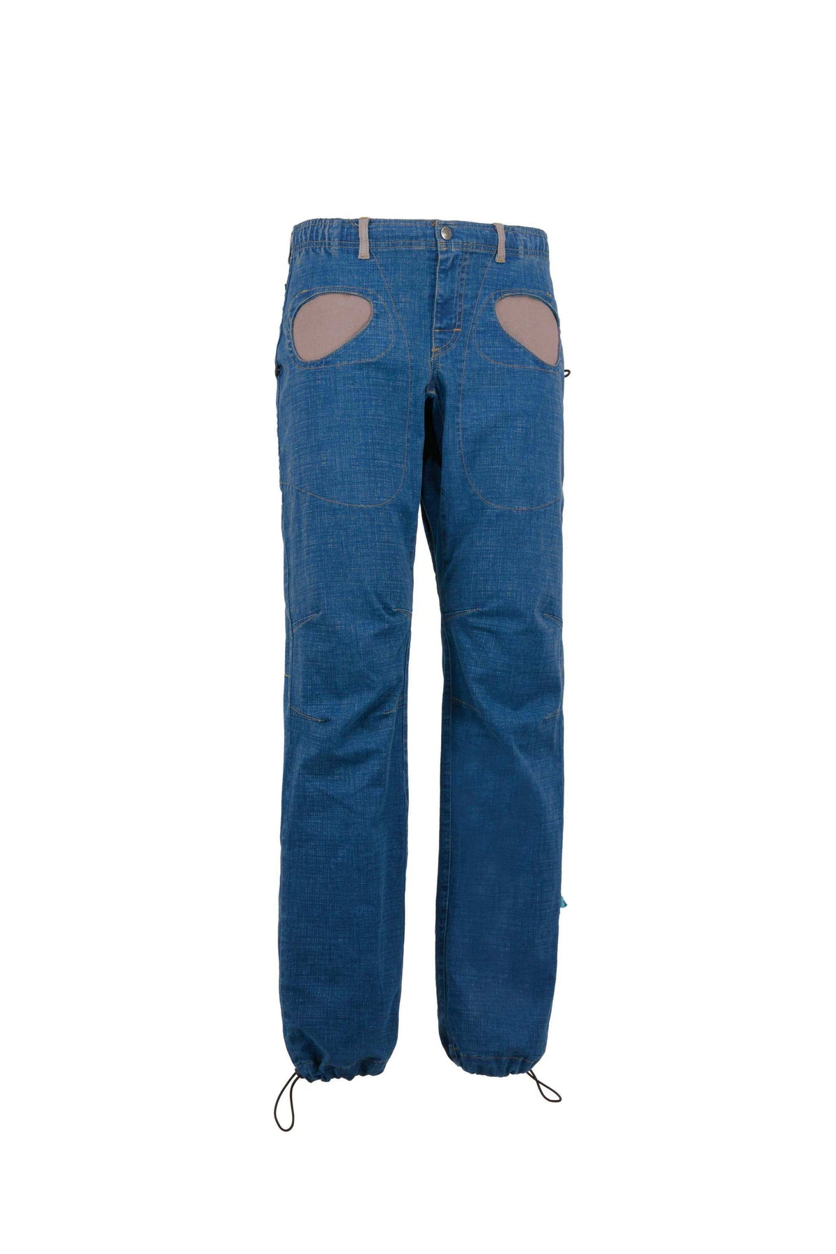 Pantaloni outdoor in cotone organico stretch con tasche a contrasto e cintura elastica, impermeabili e resistenti.