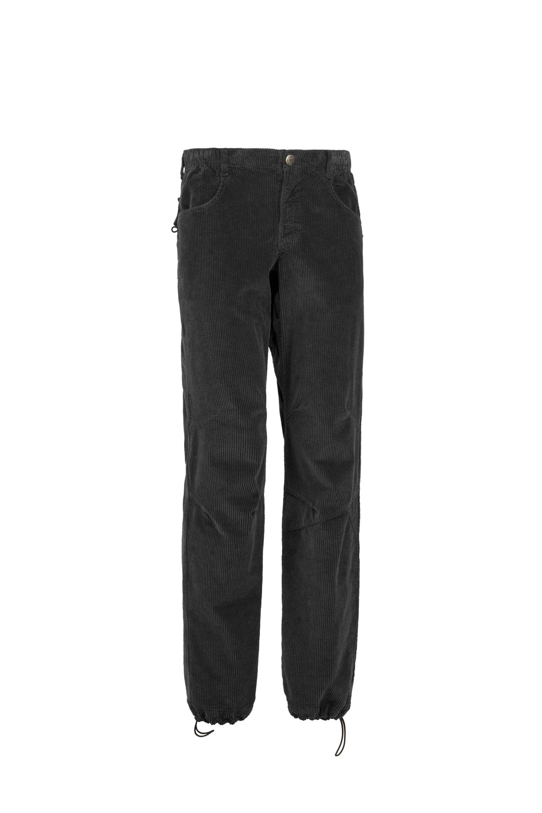 Pantaloni Mont1 V in velluto a coste nero, con tasche anteriori e orli elasticizzati regolabili con cordoncini.