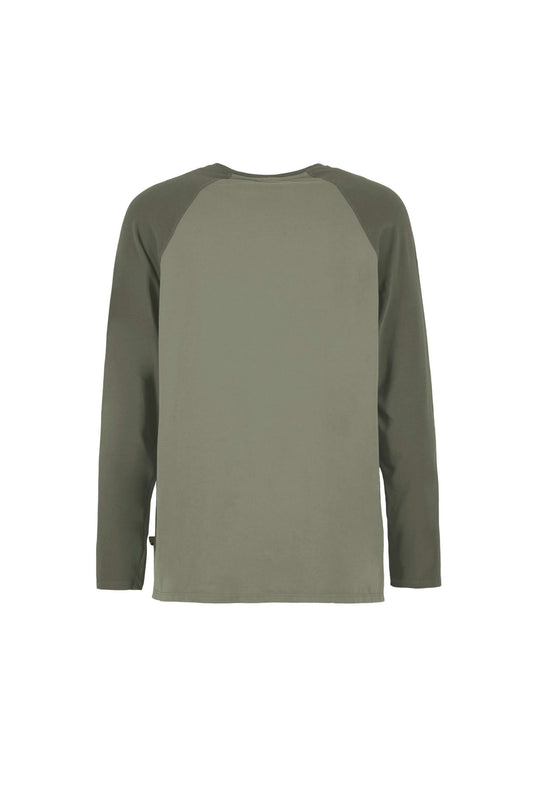 T-shirt a manica lunga in cotone verde oliva, tinta unita con maniche raglan; modello Long Coffee dal taglio essenziale.