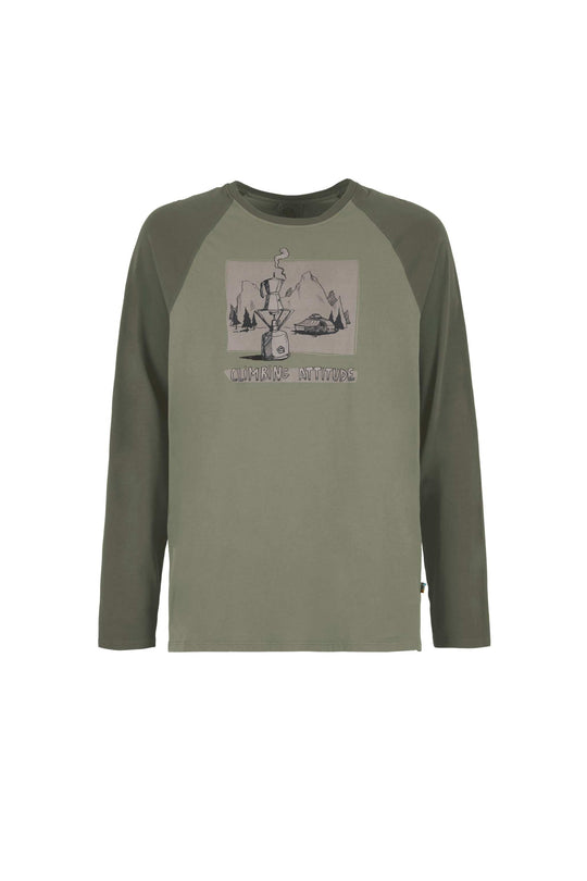 Maglia a maniche lunghe in cotone verde oliva, con inserti verde scuro e stampa grafica frontale Long Coffee.