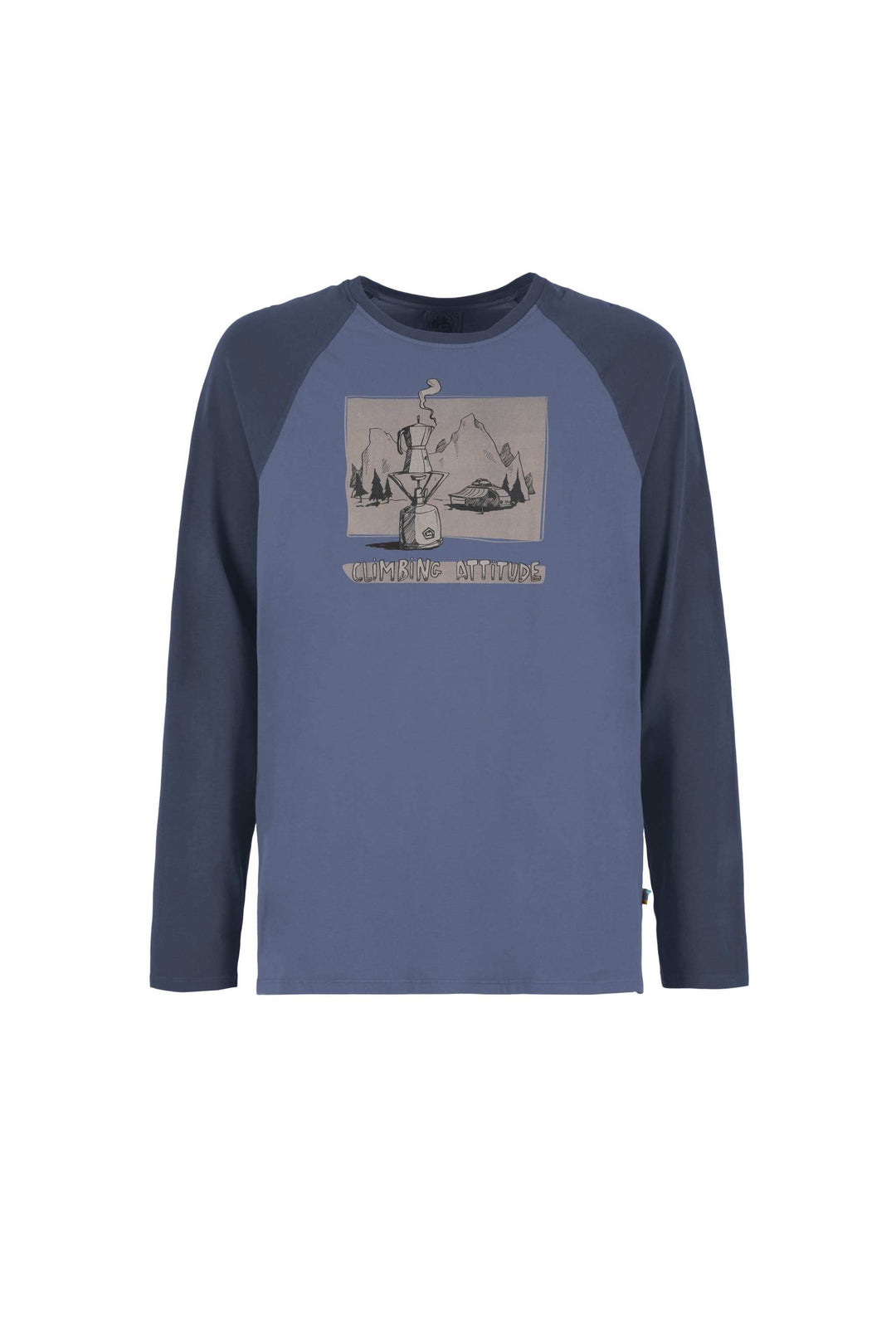 T-shirt a manica lunga in cotone blu, con maniche raglan più scure e stampa grafica frontale Long Coffee.