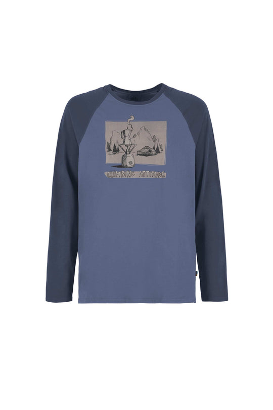 T-shirt a manica lunga in cotone blu, con maniche raglan più scure e stampa grafica frontale Long Coffee.