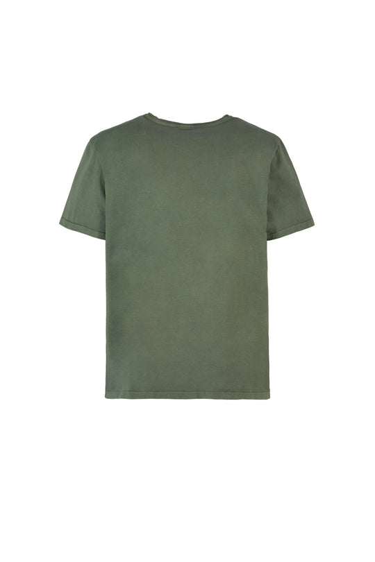 T-shirt bielastica in cotone verde oliva, a maniche corte e girocollo, dalla linea semplice e senza stampe visibili.