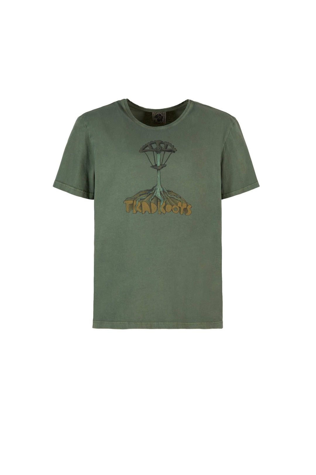 T-shirt bielastica in cotone verde oliva, a maniche corte, con stampa frontale raffigurante un fungo e radici colorate.