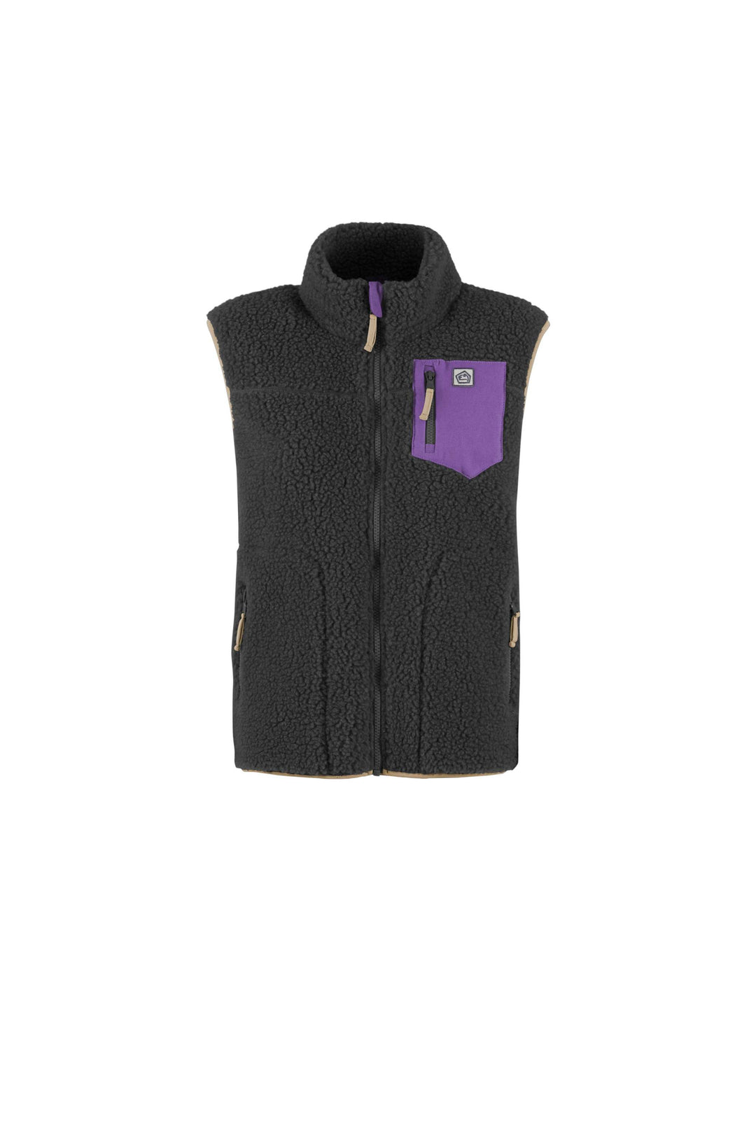Gilet Gretel nero in morbido pile riccio, con collo alto, chiusura a zip e tasca sul petto viola.