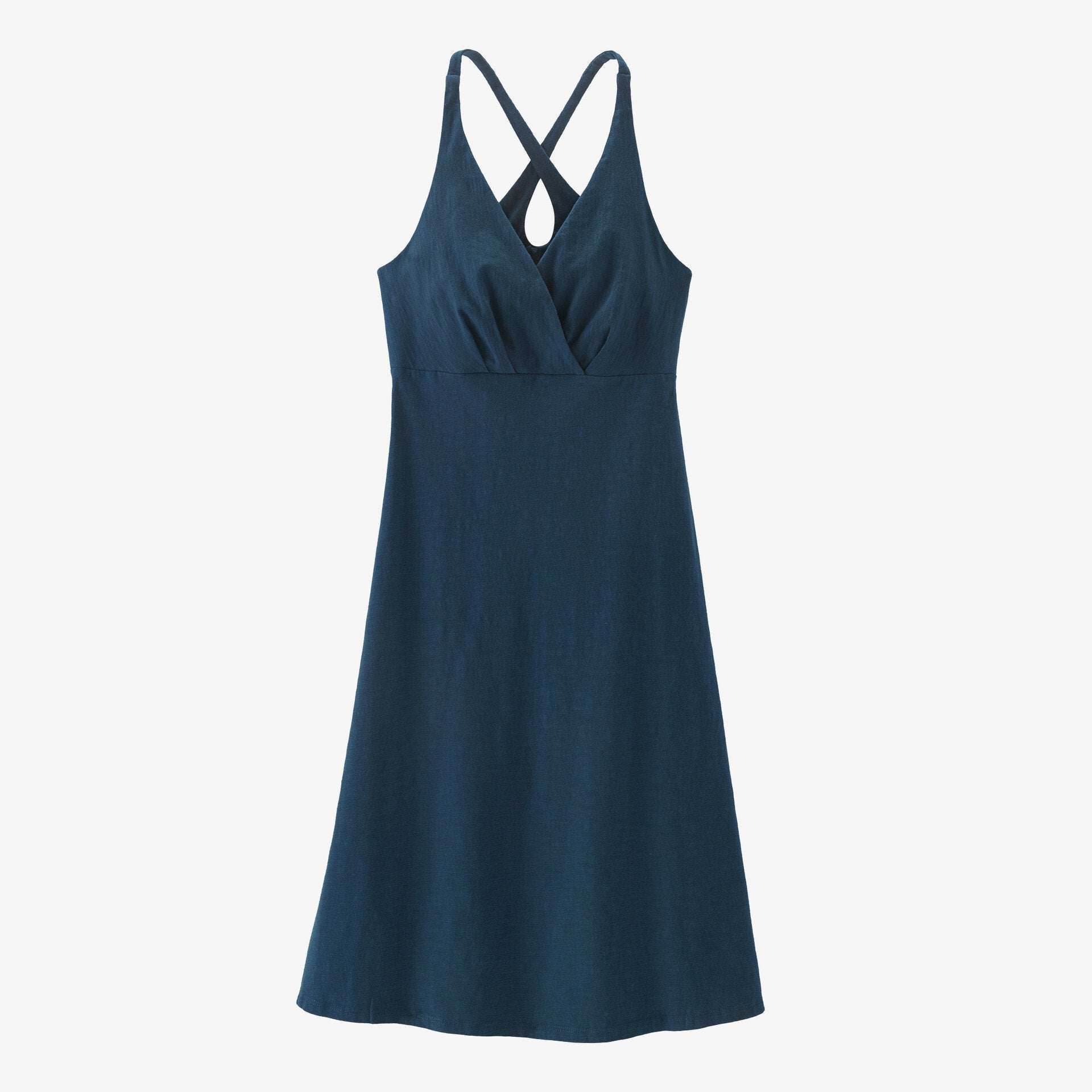 Elegant knee-length Amber Dawn Dress in organic cotton blend with deep V-neck and cross-back detail.