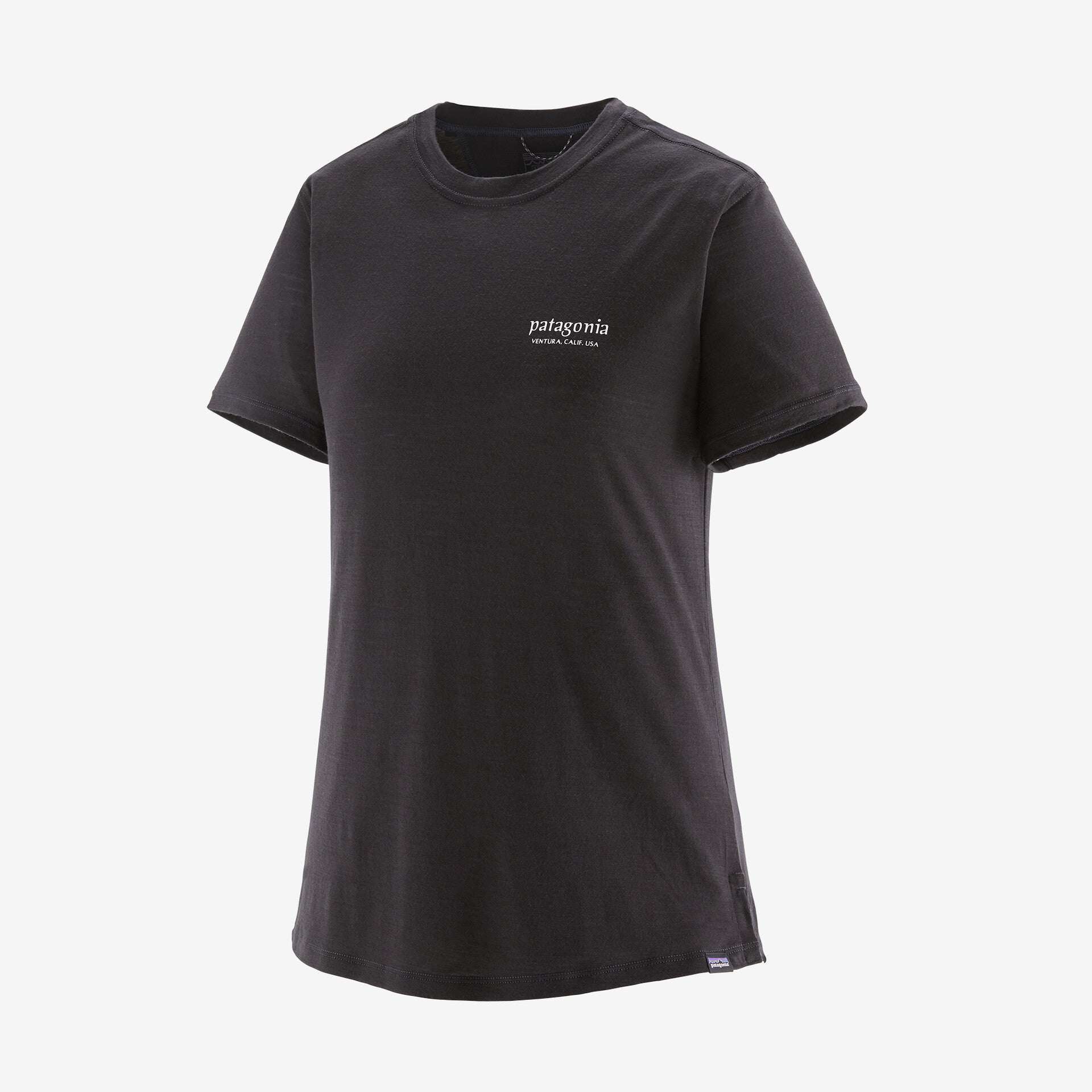 Women's Cap Cool Merino Graphic Shirt in black, featuring breathable merino wool blend for comfort and odor control, with RWS certification and Fair Trade Certified™ production.