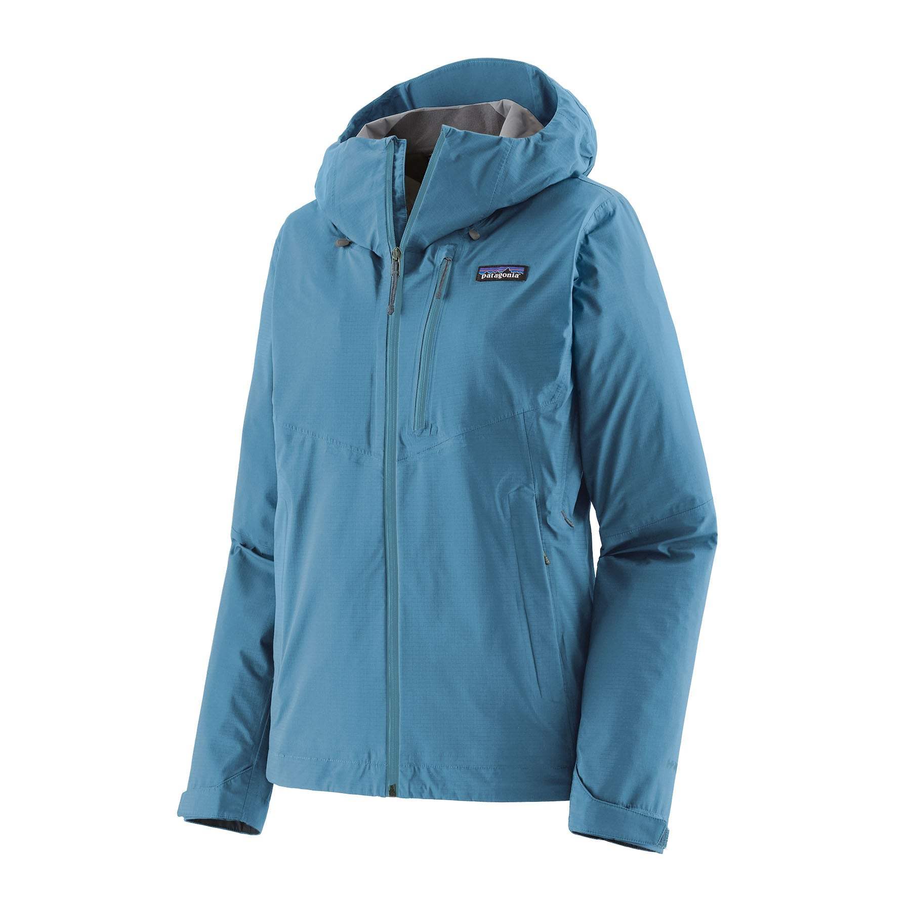 Blue waterproof Granite Crest Jkt with adjustable hood and ventilation zippers for outdoor use.
