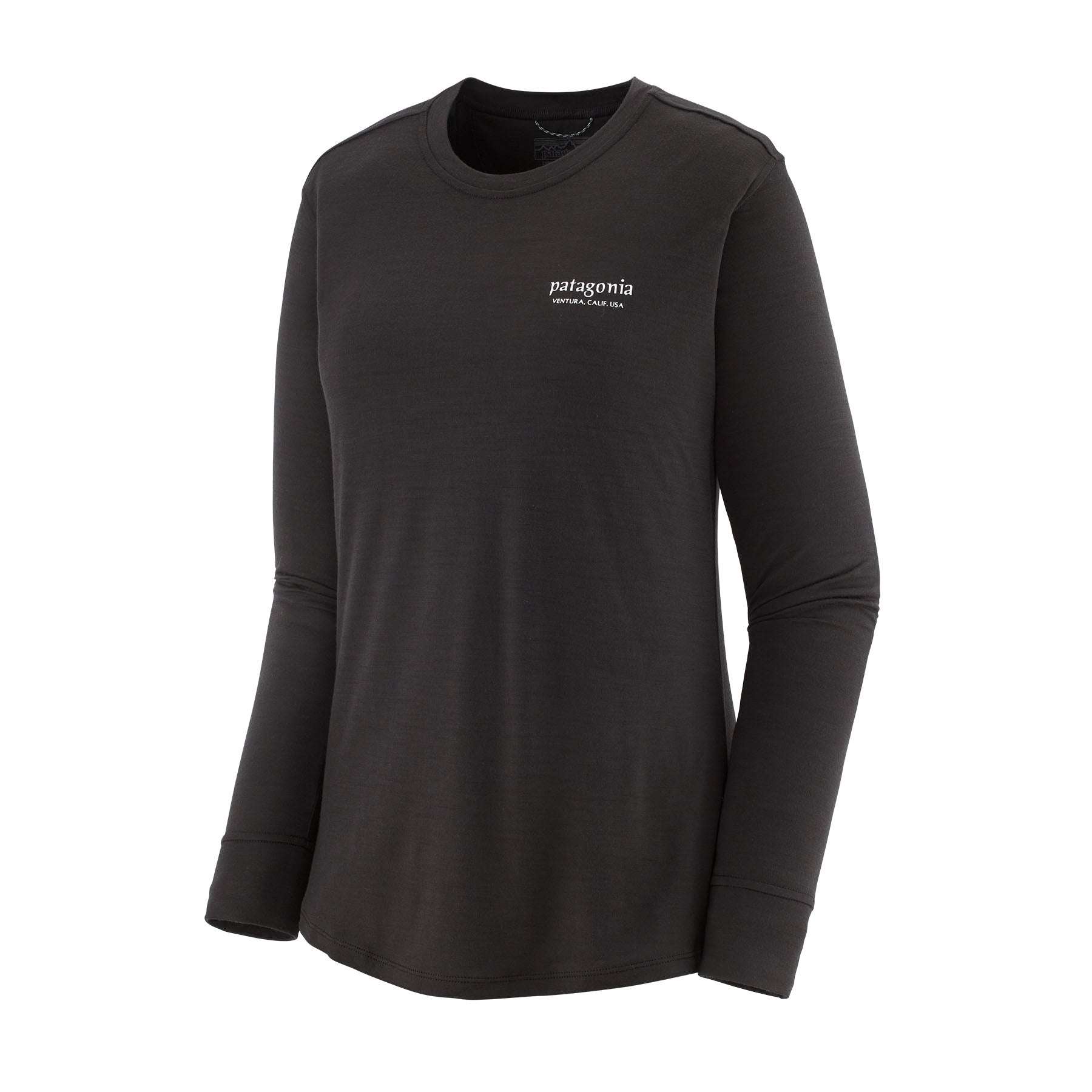W's L/S Cap Cool Merino Graphic Shirt in black, made from RWS-certified merino wool and recycled polyester, offering breathability, natural temperature regulation, and odor control.