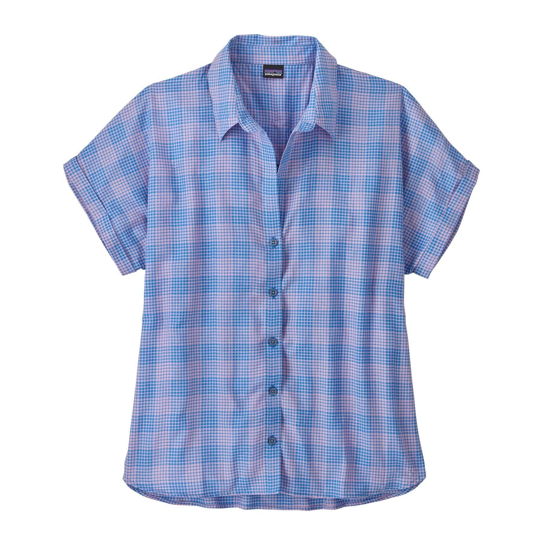 Lightweight women's shirt in blue check pattern with short sleeves and button front, made from organic cotton and hemp blend.