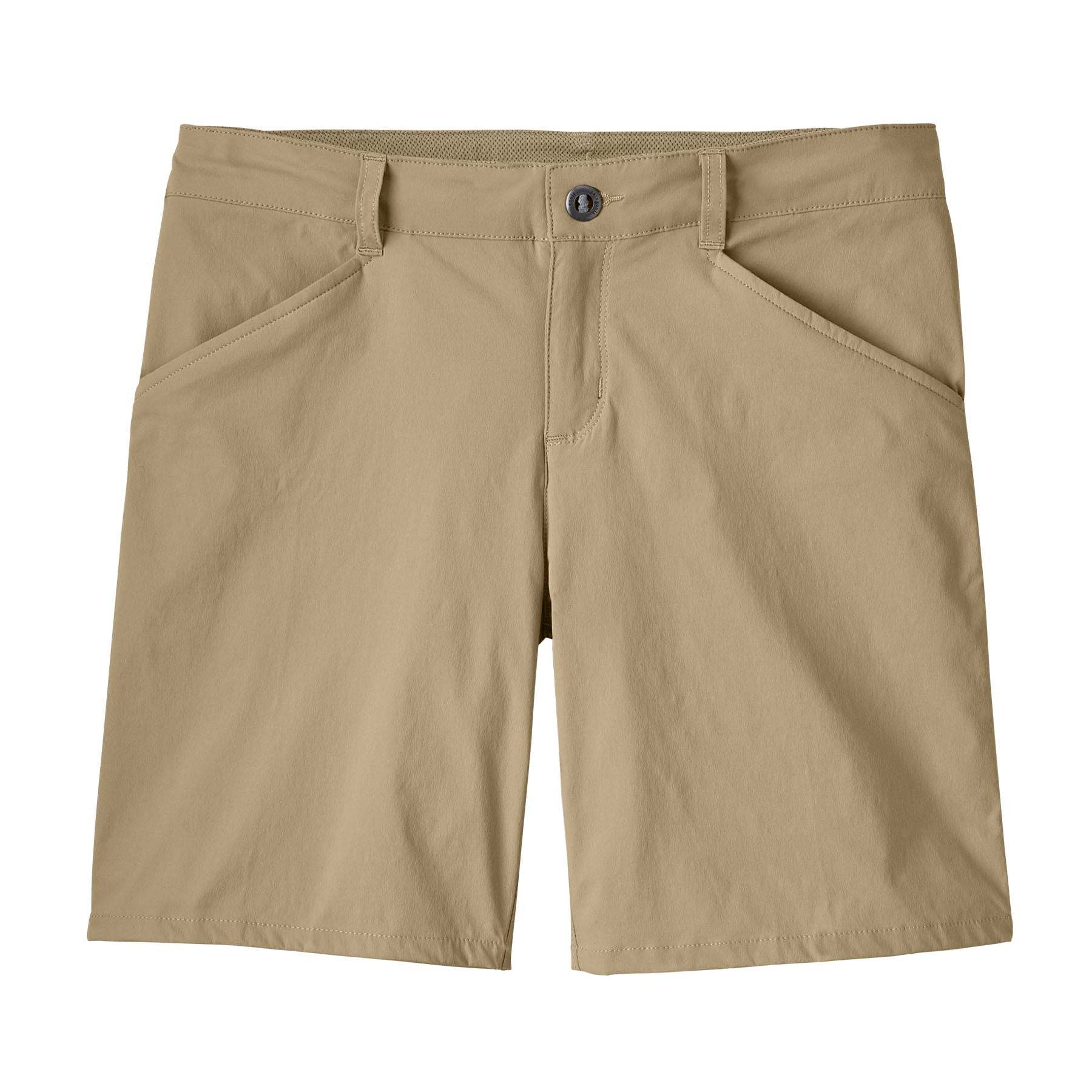 Women's Quandary Shorts (7 In.) in beige, featuring a lightweight, stretchy blend of 95% recycled nylon and 5% elastane with DWR finish.