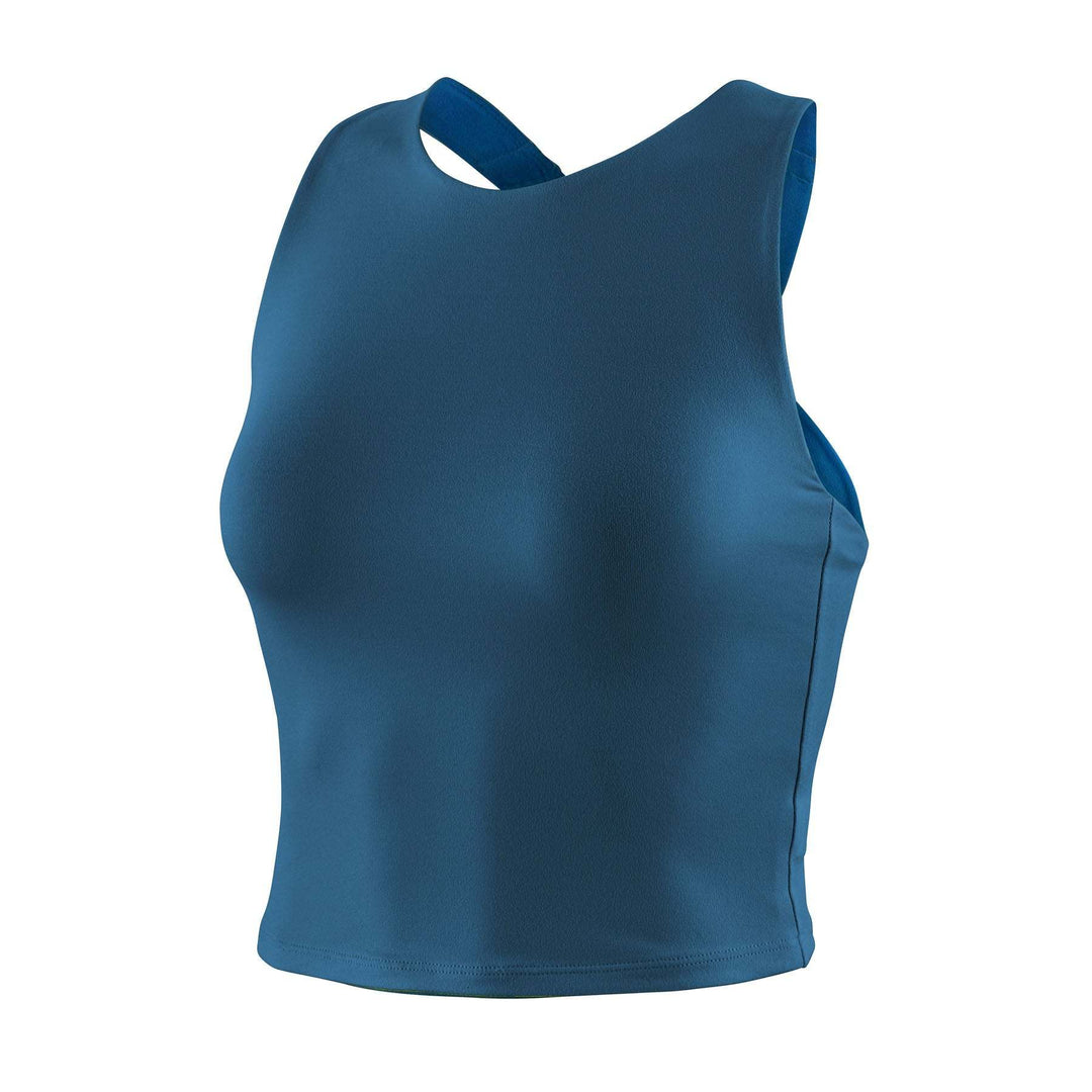 Women's reversible tank top in blue, designed for comfort, support, and mobility; Fair Trade Certified.