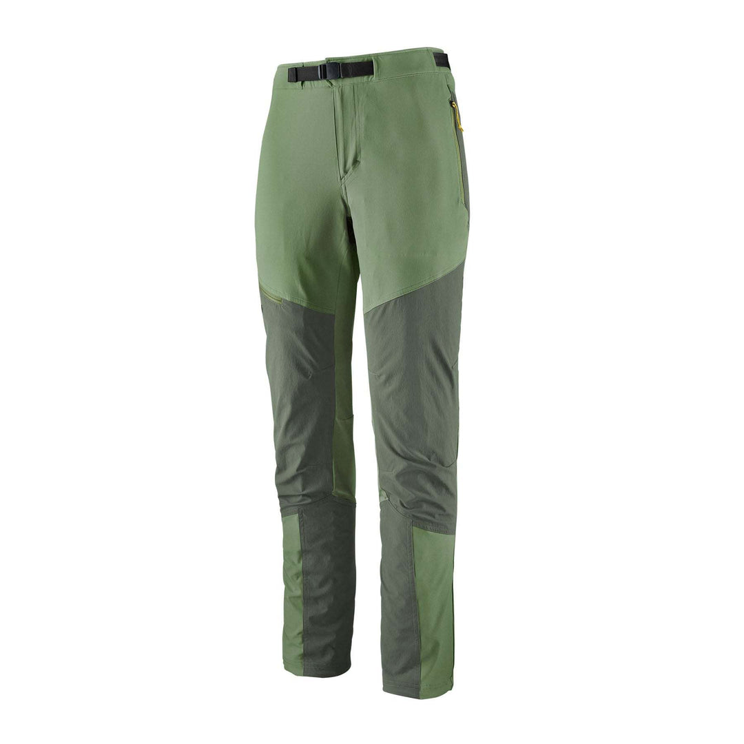 W's Terravia Alpine Pants in green, durable and flexible for alpine climbing, featuring adjustable waist and pockets, made with recycled materials.