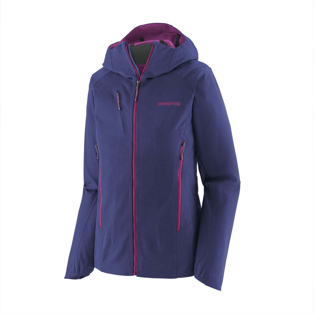 Women's Upstride Jacket in blue with pink zippers, featuring adjustable hood, breathable fabric, and chest pockets.