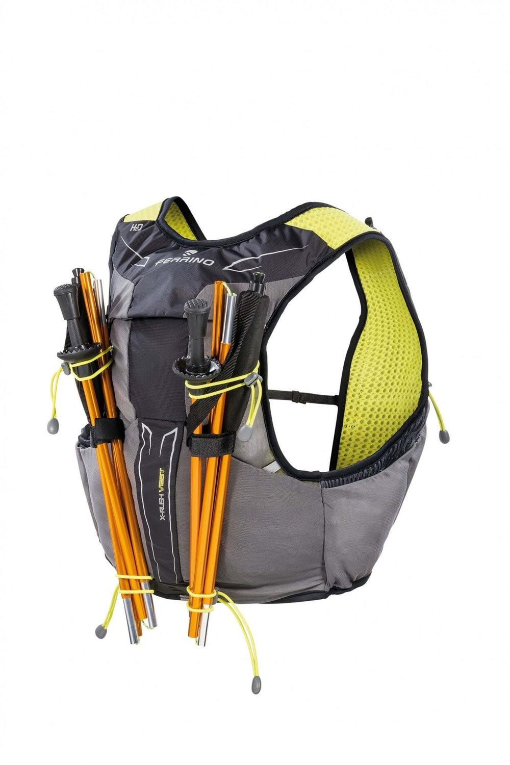 Trail running X-Rush Vest with multiple pockets and pole holders, featuring breathable mesh back and straps.