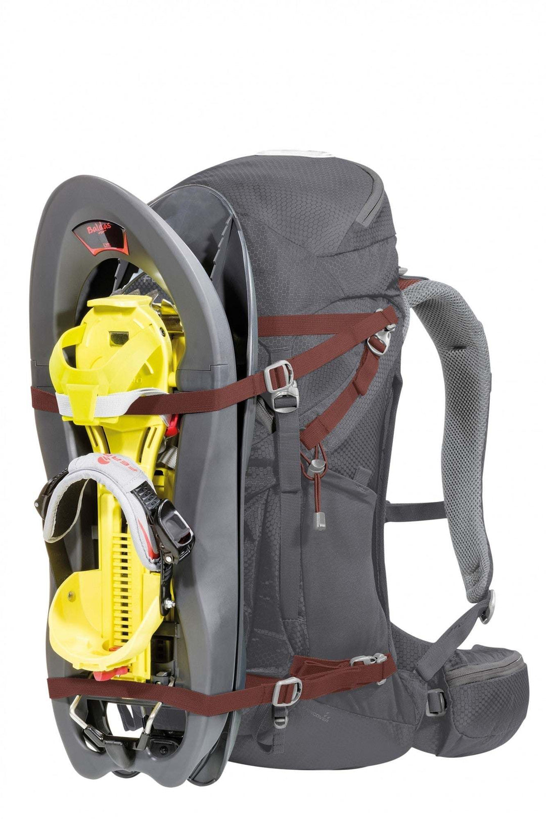 Zaino Finisterre 28 da hiking, grigio, con ciaspole e accessori, schienale ventilato.