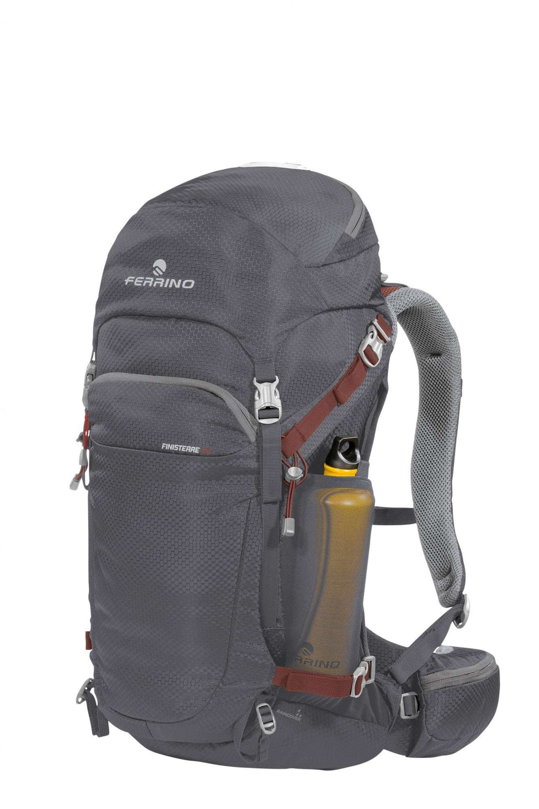 Zaino Finisterre 28 da hiking grigio, design aerato e accesso frontale ampio.