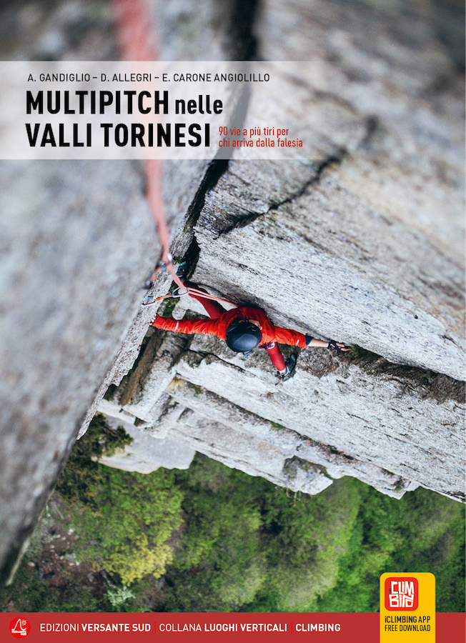 Climber ascending a steep rock face in multipitch climbing at Valli Torinesi